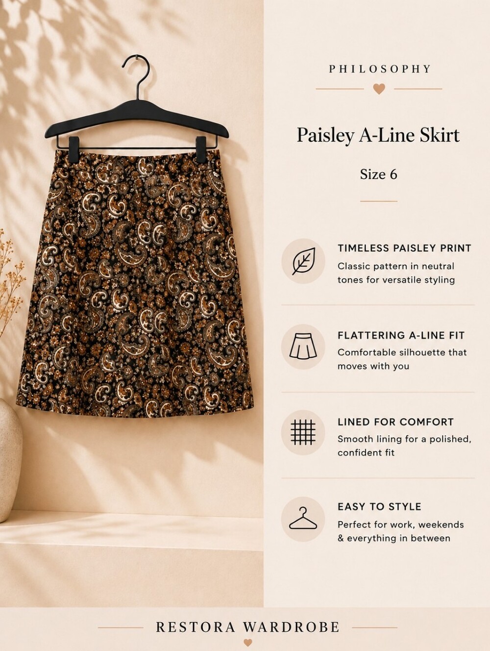 Philosophy Paisley A-Line Skirt Size 6 Brown Black Lined Knee Length